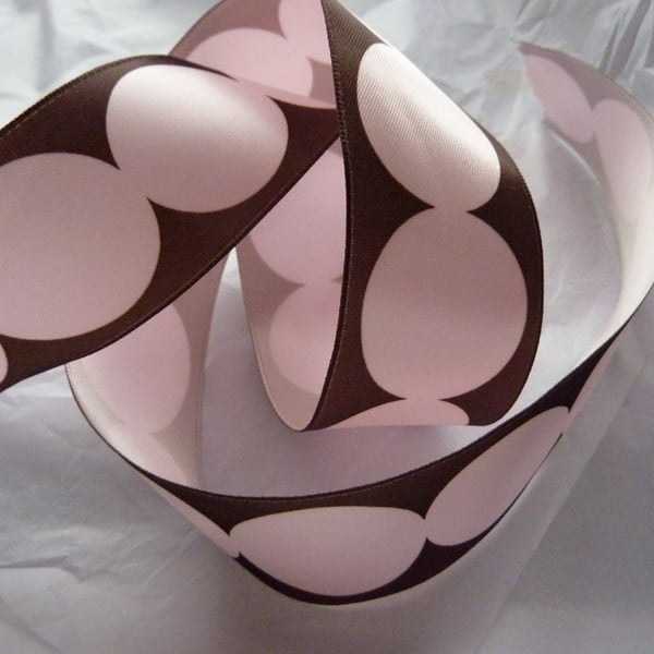 1 Metre Wire Edged Ribbon 38mm Brown Pink Spot Satin