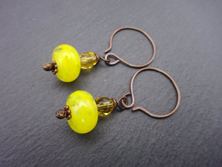 copper earrings, yellow lampwork glass jewellery