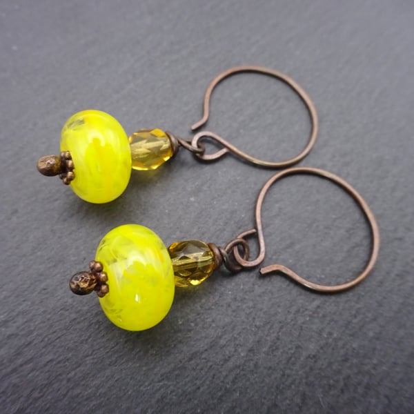 copper earrings, yellow lampwork glass jewellery