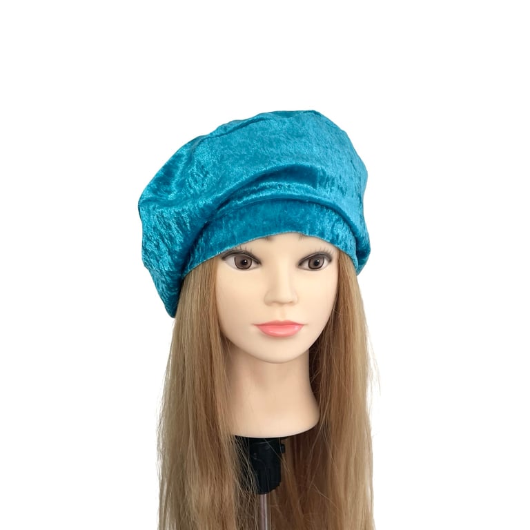 Turquoise Blue Retro Vintage Style Beret Hat for Women Crushed Velour Beret Hat 