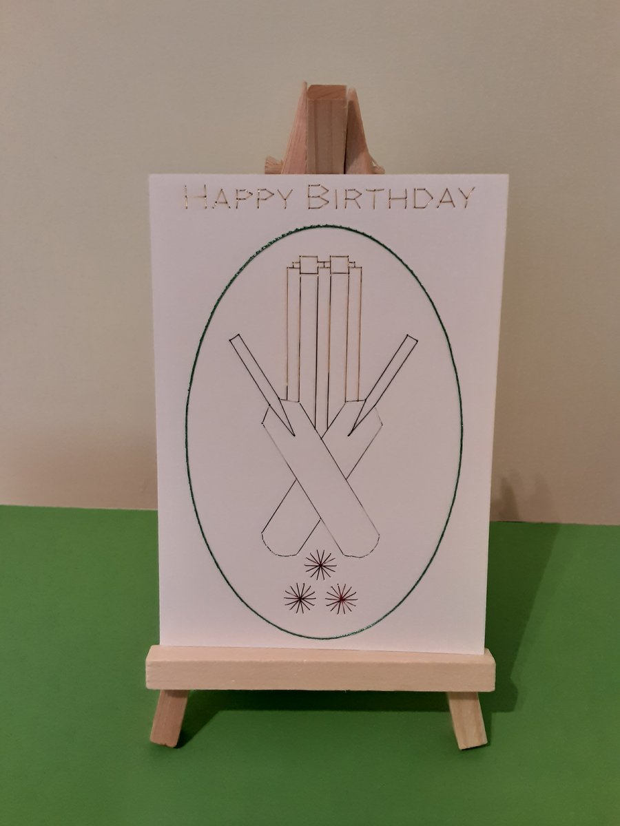 Hand Embroidered Cricket Birthday Card.