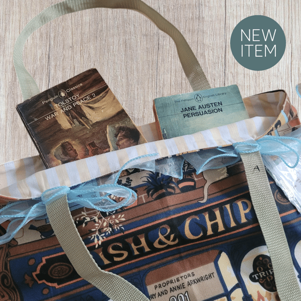 Upcycled British Fish and Chip Tea Towel Book Bag 