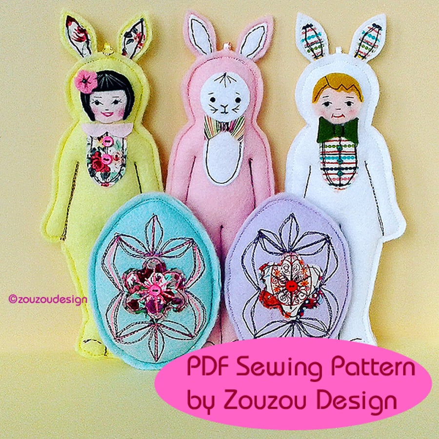 PDF Felt Easter Bunny and Egg Ornaments Sewing Pattern
