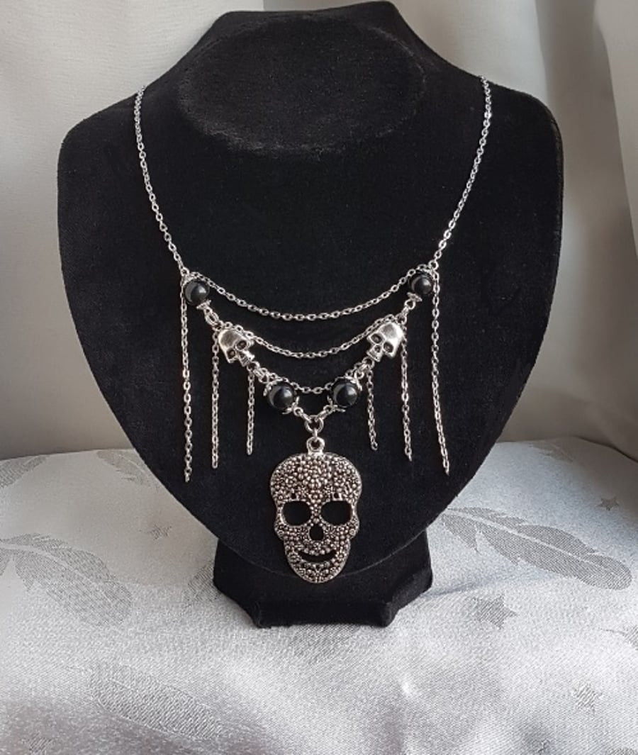 Day of the Dead Large Skull charm Necklace - Silver tones
