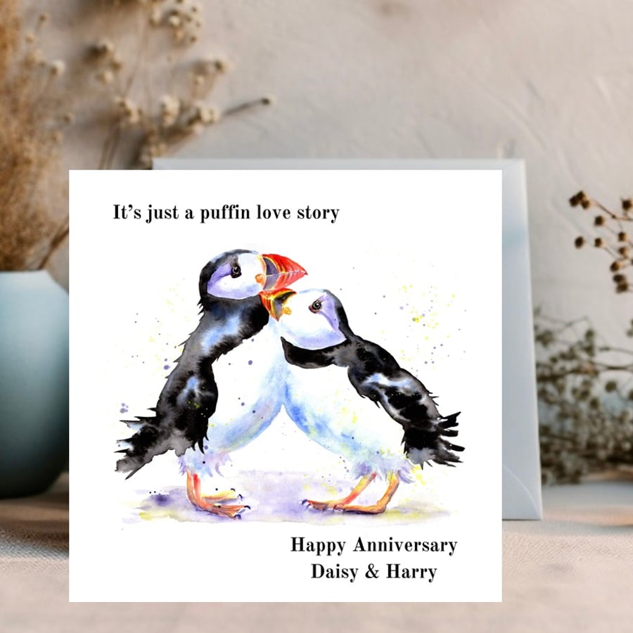 Cute Puffin Watercolour Anniversary Card  can be personalised