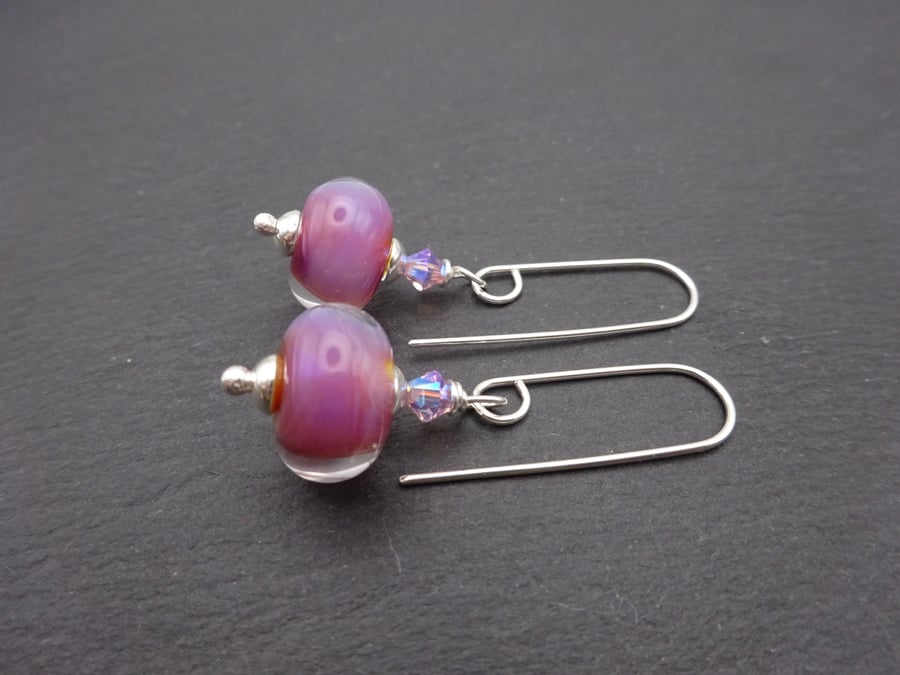 pink lampwork glass earrings, sterling silver jewellery