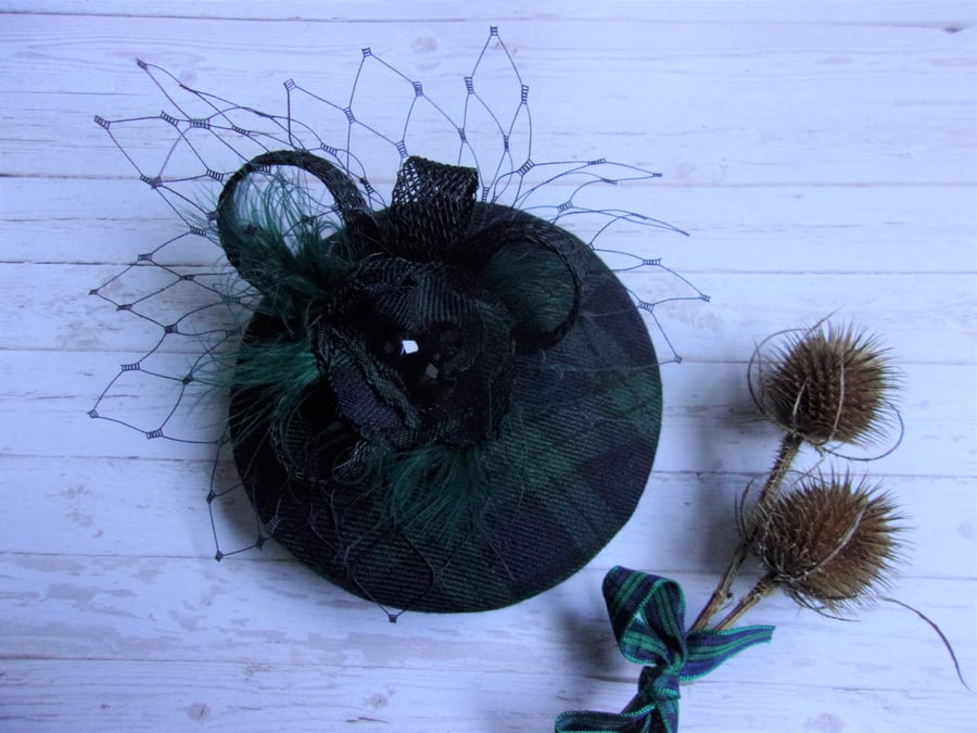 Black Watch Tartan Navy & Dark Green Cocktail Percher Fascinator Mini Hat 