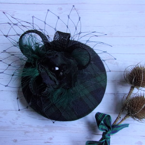 Black Watch Tartan Navy & Dark Green Cocktail Percher Fascinator Mini Hat 