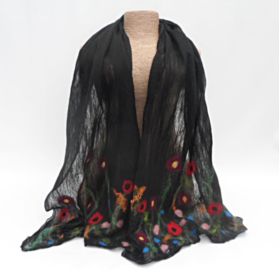 Black floral silk scarf nuno felted with merino wool
