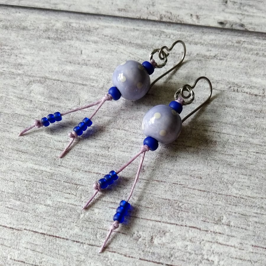 Polka Dot Ceramic Earrings in Lavender Purple