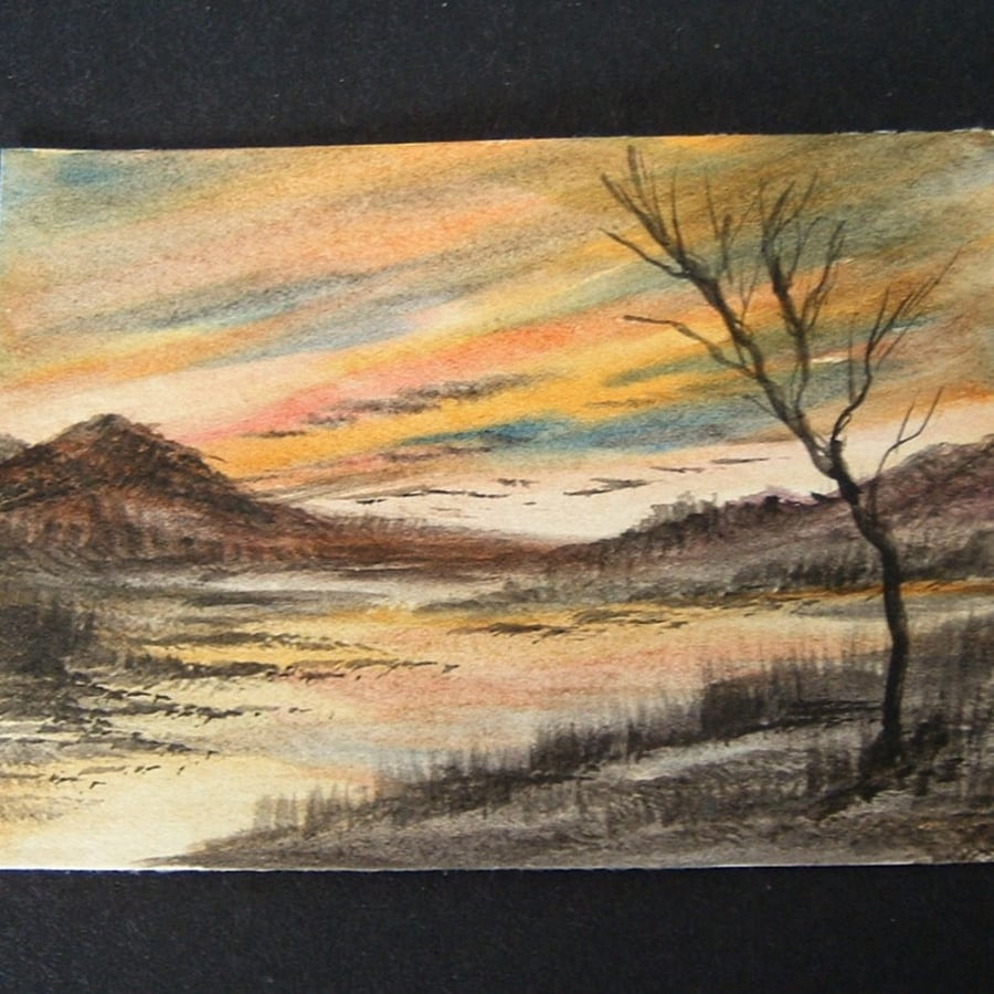 sunset art painting original watercolour aceo landscape ref 164