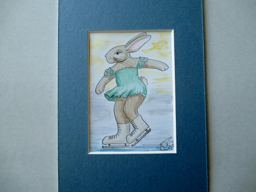 Ice Skater Skating Bunny Rabbit Dancer Dancing ACEO original painting in mount
