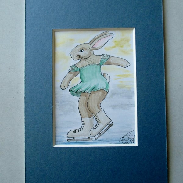 Ice Skater Skating Bunny Rabbit Dancer Dancing ACEO original painting in mount