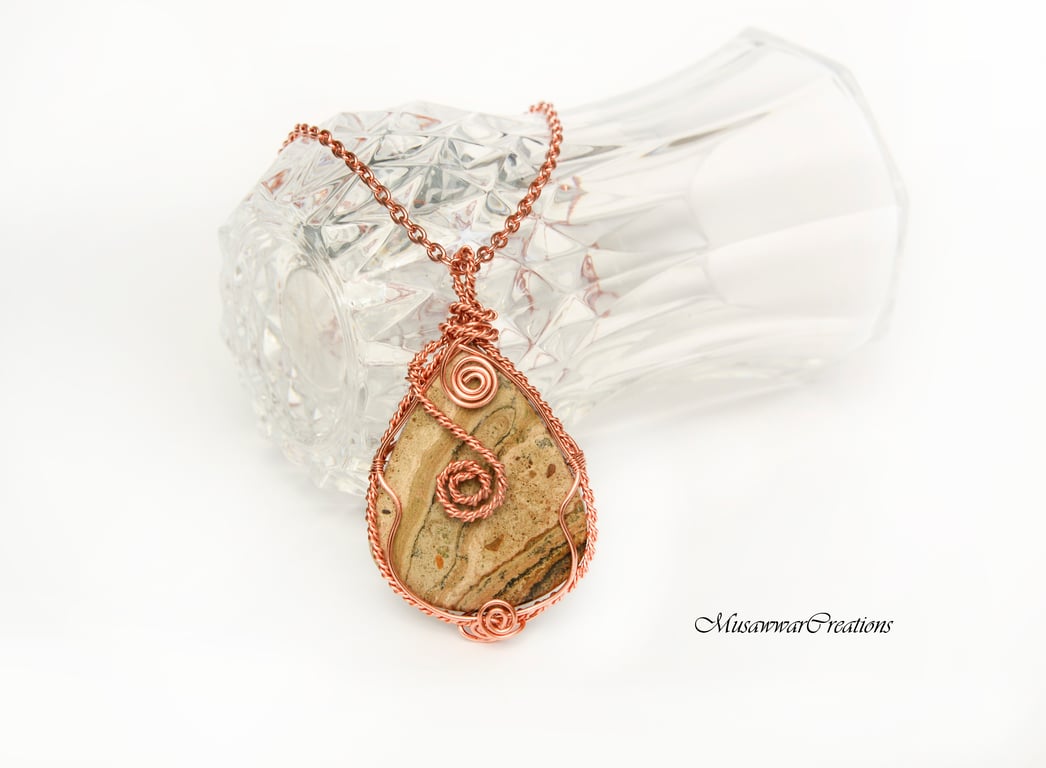 Earth Essence: Handcrafted Copper Wire-Wrapped Natural Jasper Stone Pendat