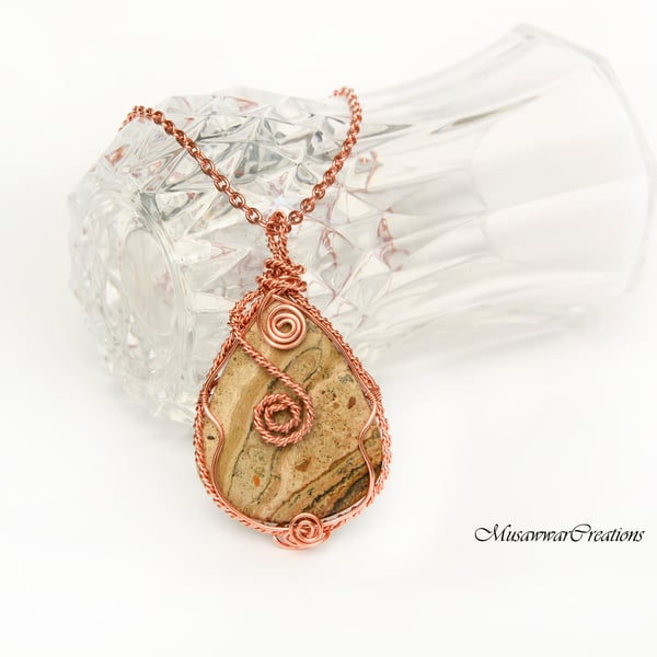 Earth Essence: Handcrafted Copper Wire-Wrapped Natural Jasper Stone Pendat