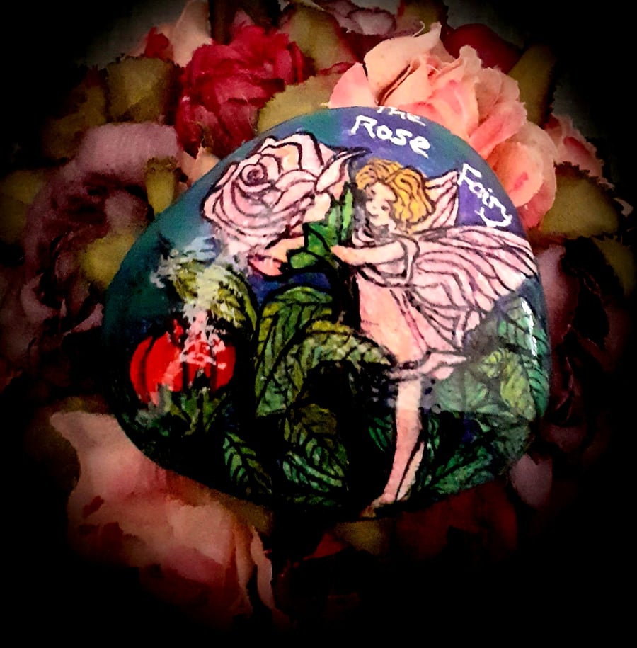 Hand painted "The Rose Fairy " beach rock 