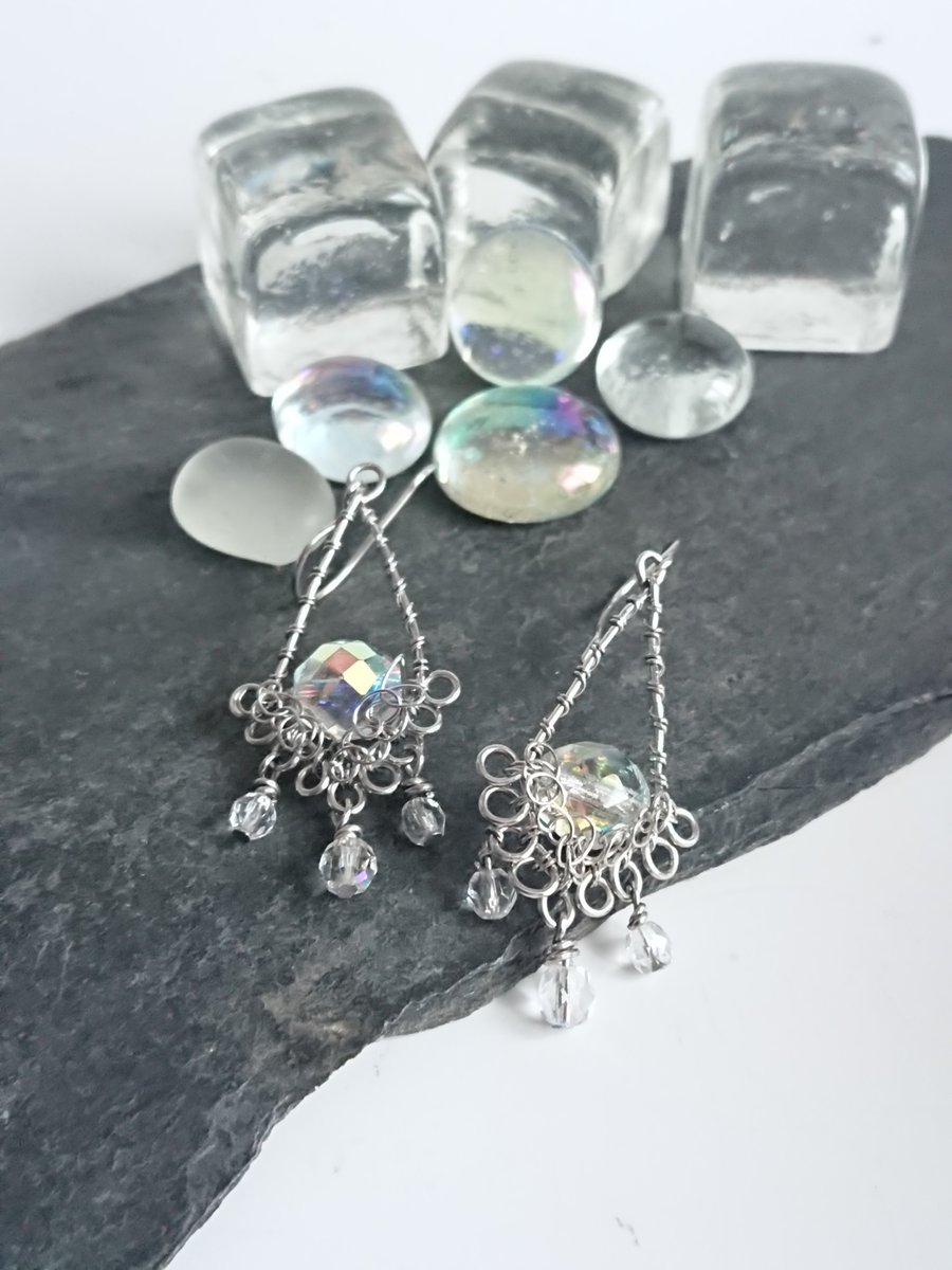 Steel Teardrop Chandelier Glass Drops Earrings