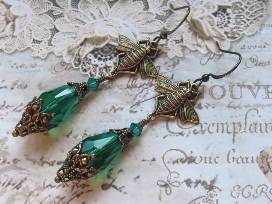 Emerald Green Crystal Dangle Earrings, AntiqueVintage Style Bee Teardrop Earring