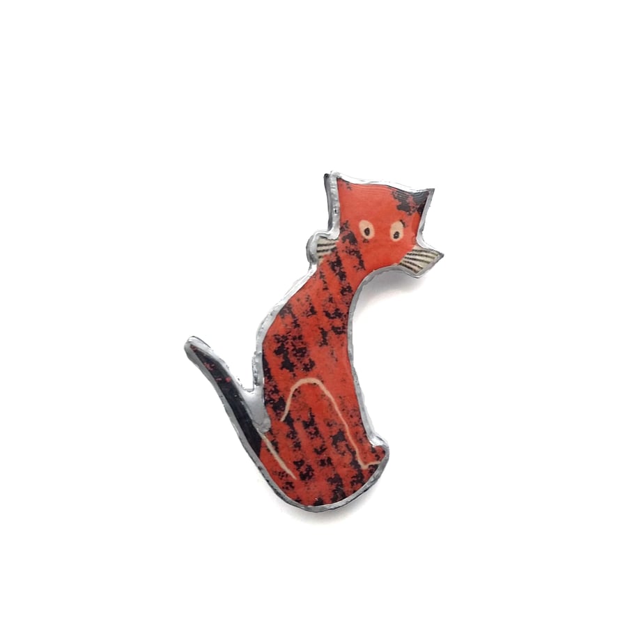 Whimsical Red Folk Cat Resin Brooch by EllyMental
