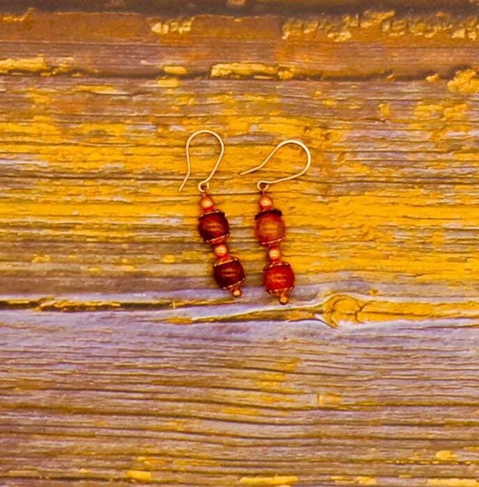 Handmade Copper Dangle Earrings Fire Crackle Agate, Beaded