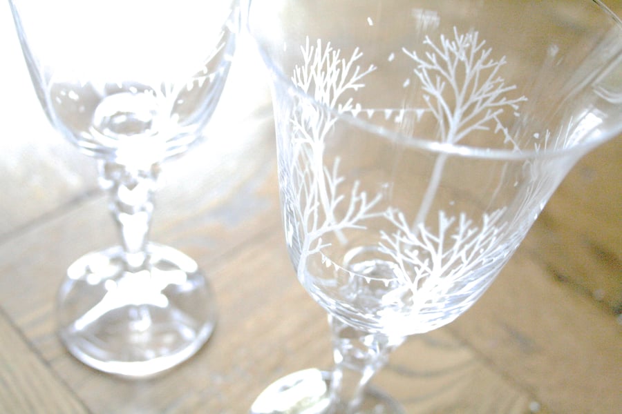 Pair of Autumnal Wine Glasses - Hand Engraved Bohemia Crystal