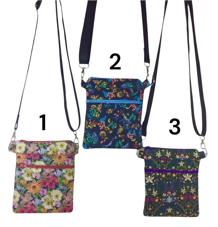 Liberty fabric slim phone shoulder bag with multi pockets, teen messenger style 