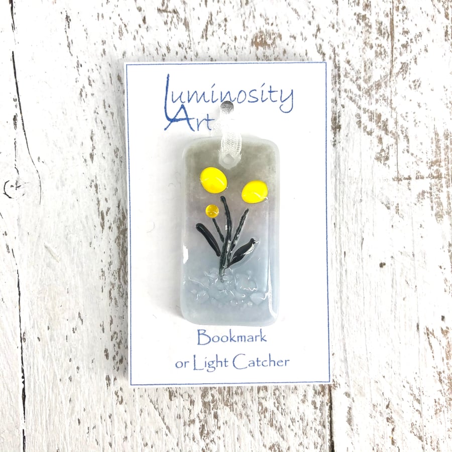 Glass Bookmark or Light Catcher with Pretty Yellow Flowers