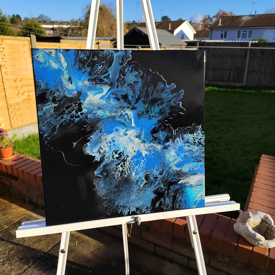 40x40cm Blue Wave on Black Background Acrylic pour Painting on Canvas Fluid Art 