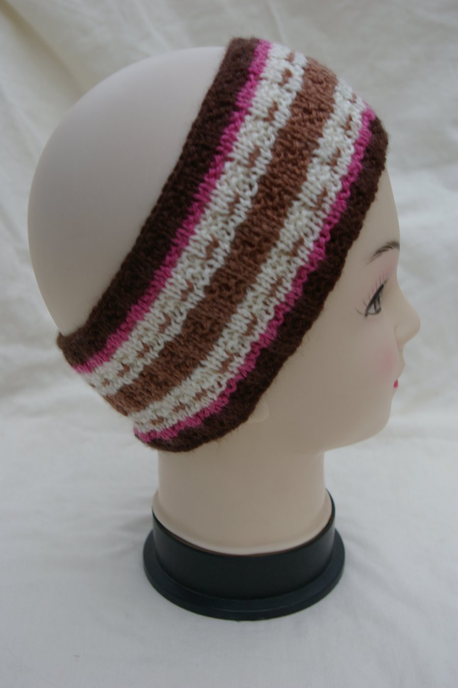 Ear Warmer Head Band in Cream Browns and pink hand knitted