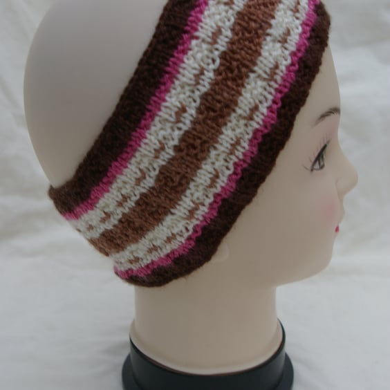 Ear Warmer Head Band in Cream Browns and pink hand knitted