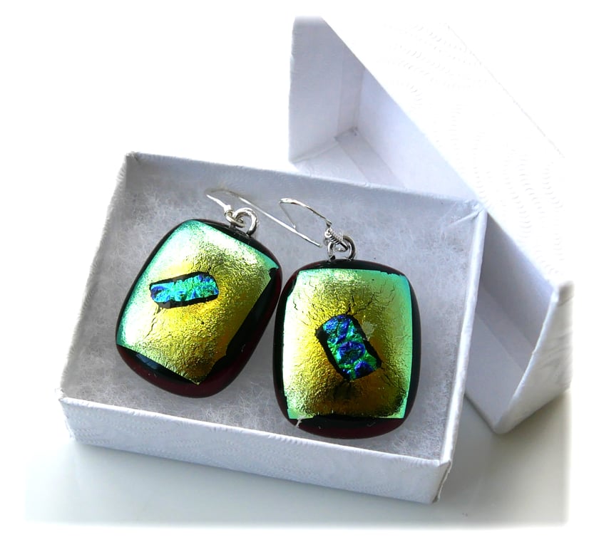 Dichroic Glass Earrings 312 Golden Teal Fused 