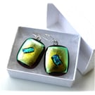 Dichroic Glass Earrings 312 Golden Teal Fused 