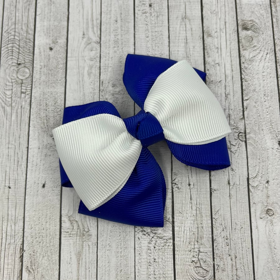 Cobalt Blue and White Top Knot Bow on Clip