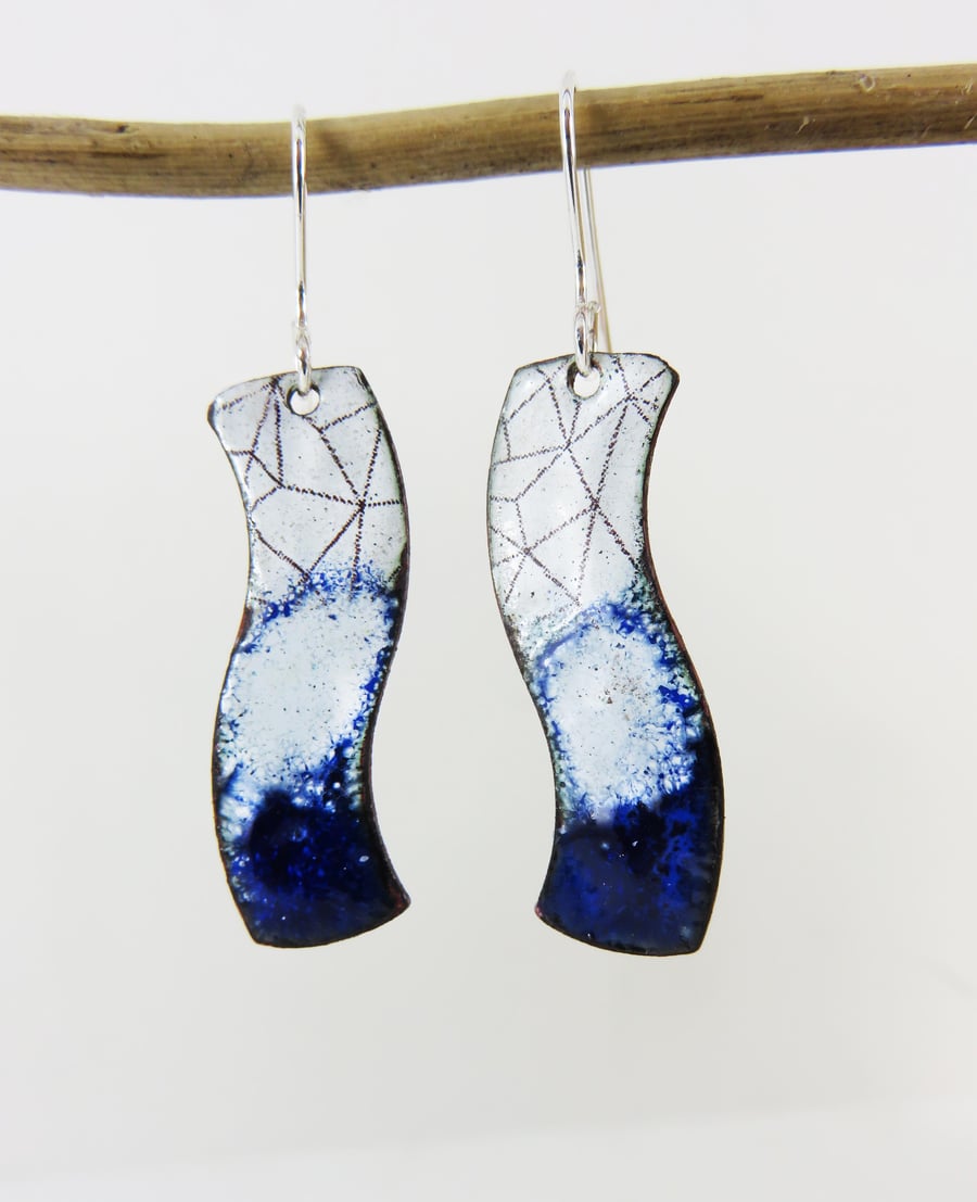 Wavy Copper Dangles with Blue and White Enamel and Line Pattern