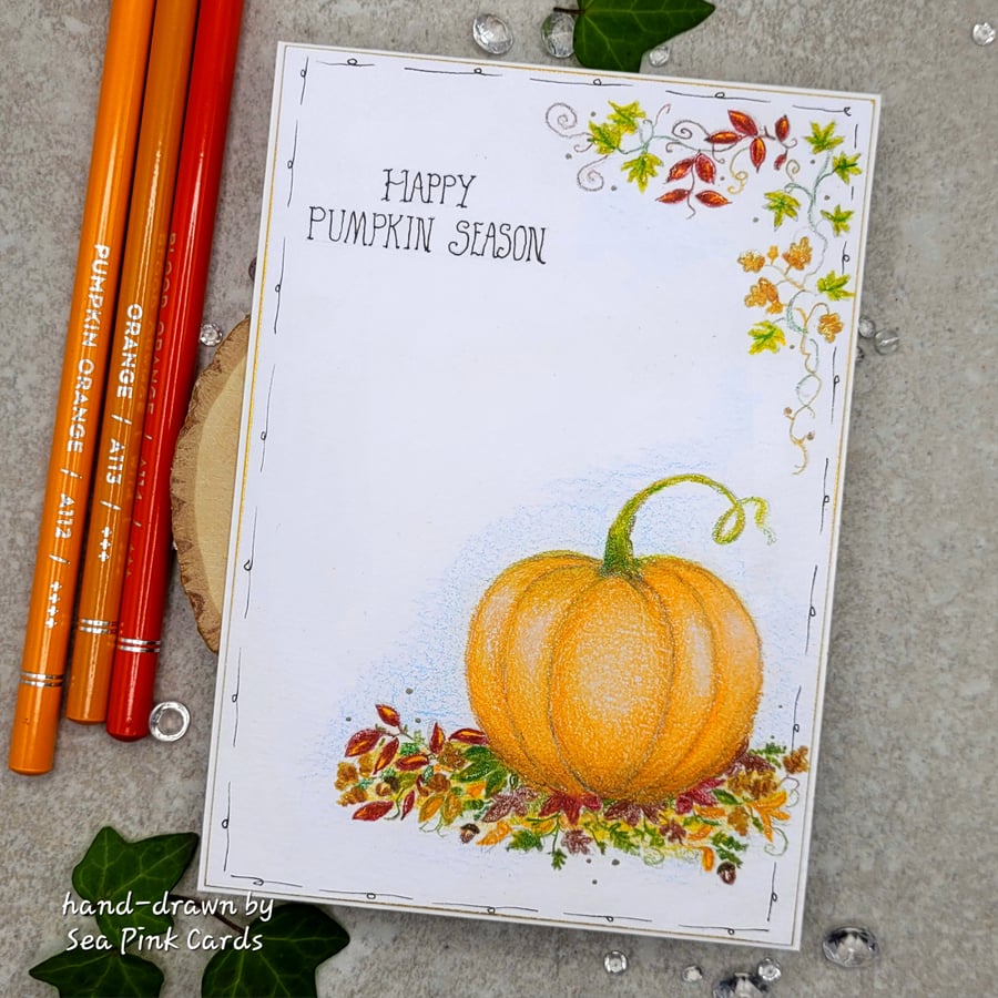 Blank Card -  original hand-drawn pumpkin, leaves, birthday, thank you