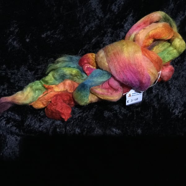 Mobair Hand Dyed Random Merino Wool & Silk Tops Sunset Colours with Blue Green