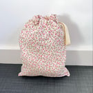 Pink, Cream Cotton Fabric Drawstring Gift Bag: Medium Present Wrap.