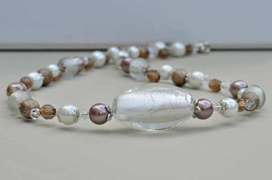Crystal, Smokey, Cocoa Beige & White Glass Pearl Bead Necklace
