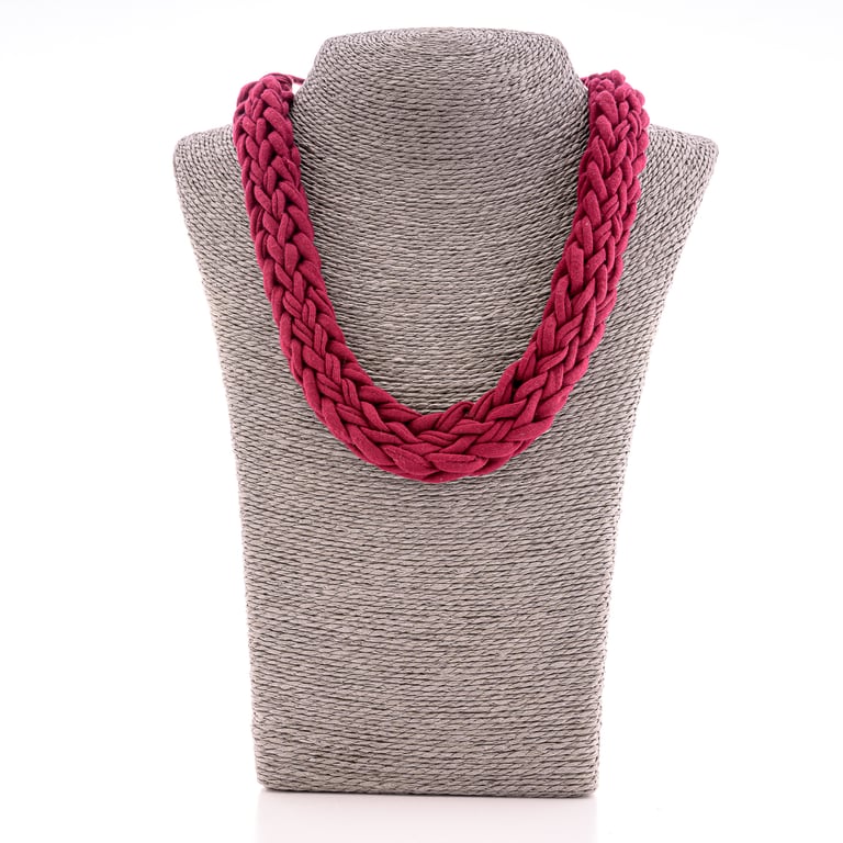 Handmade Knitted Fabric Necklace – Deep Burgundy Statement Piece