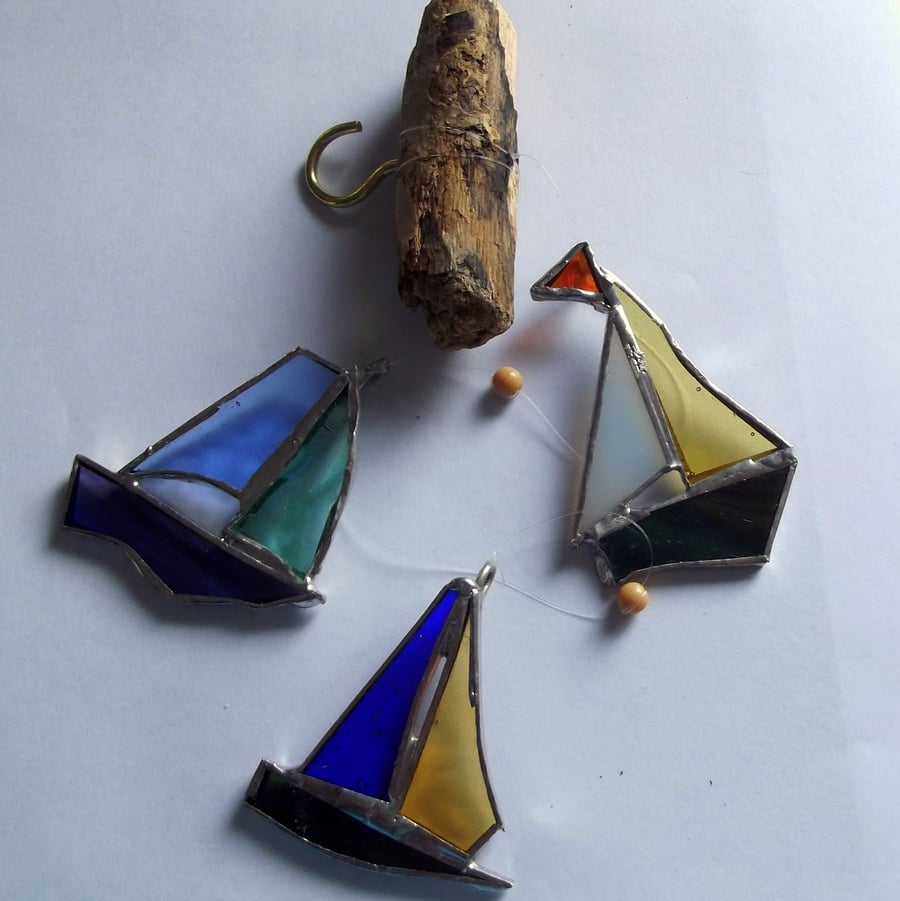 Recycled Stained Glass Boat Mobile, Multi Colour
