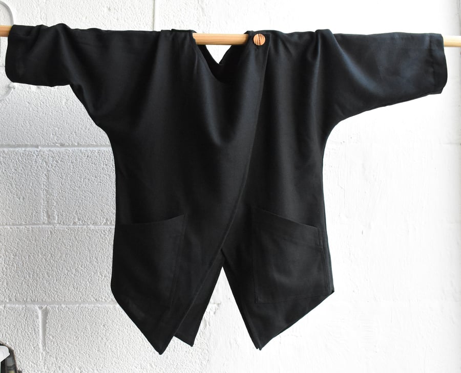 Black Asymmetrical Japanese Inspired Cross-Over Linen Jacket - One Off - Size 10