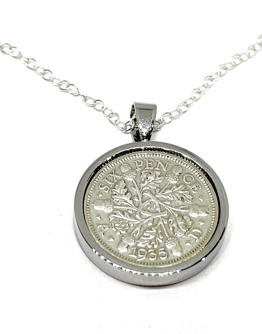 1935 90th Birthday Anniversary sixpence coin pendant plus 18inch SS chain gift, 