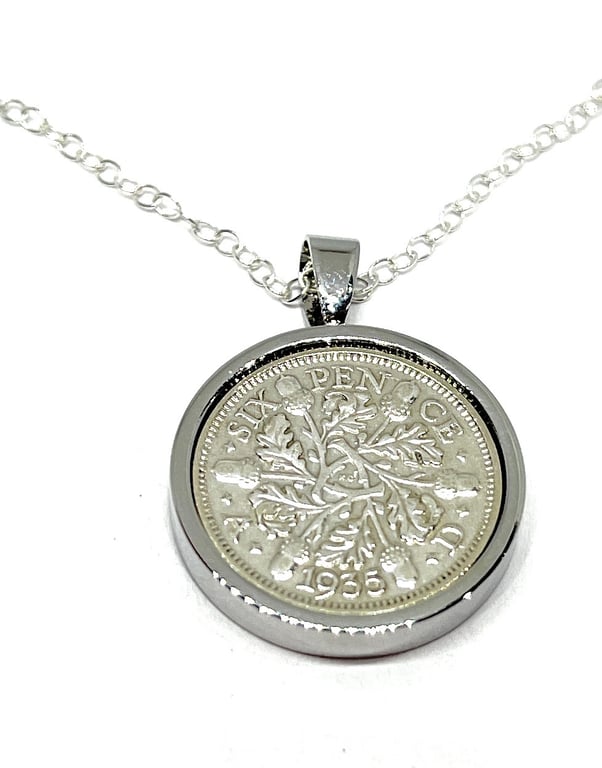 1935 90th Birthday Anniversary sixpence coin pendant plus 18inch SS chain gift, 