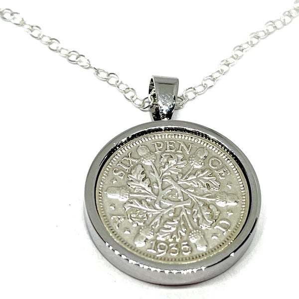 1935 90th Birthday Anniversary sixpence coin pendant plus 18inch SS chain gift, 