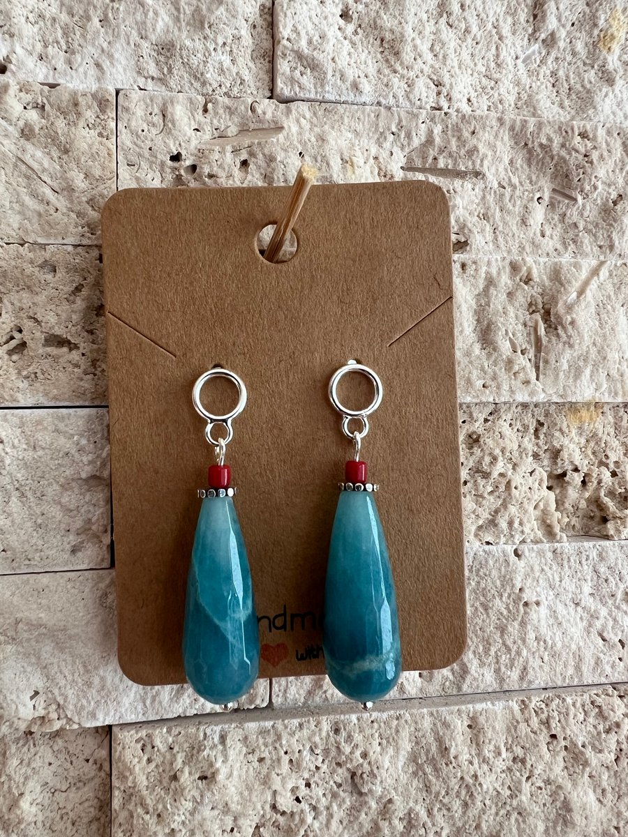 Blue Agate Sterling Silver Teardrop Earrings 