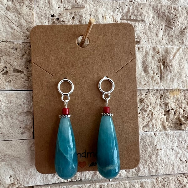 Blue Agate Sterling Silver Teardrop Earrings 