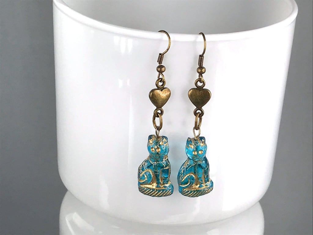 BLUE GLASS CAT EARRINGS Czech pressed bronze heart elegant