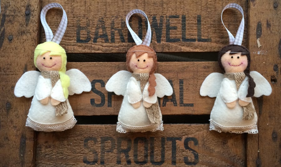 Handmade Felt Angel Christmas Tree Decorations - Primitive