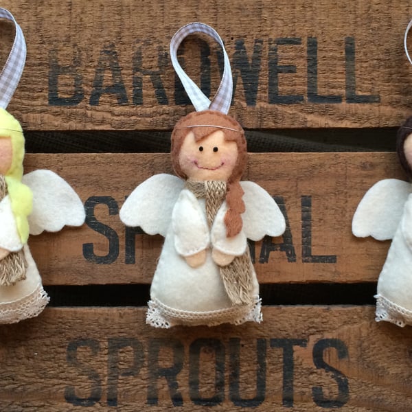 Handmade Felt Angel Christmas Tree Decorations - Primitive