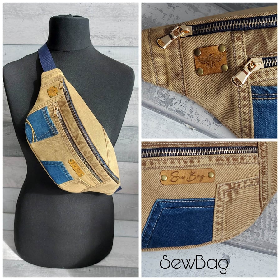 Recycled Denim Jeans Women Hip Bag, Fanny Pack, Bumbag, Belt Bag, Waist Bag